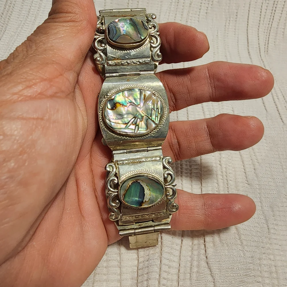Vintage Taxco Sterling Silver 925 Abalone Panel Bracelet Mexico 7